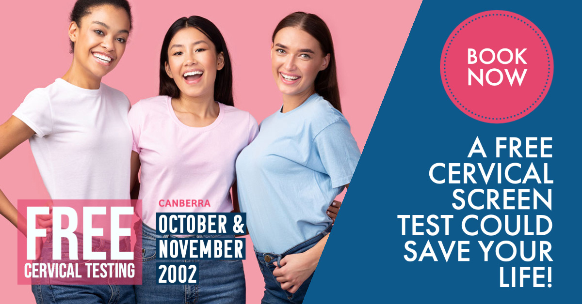 Three women on a pink background. Text over image 'Free Cervical Testing. Book Now. A free cervical screen test could save your life.